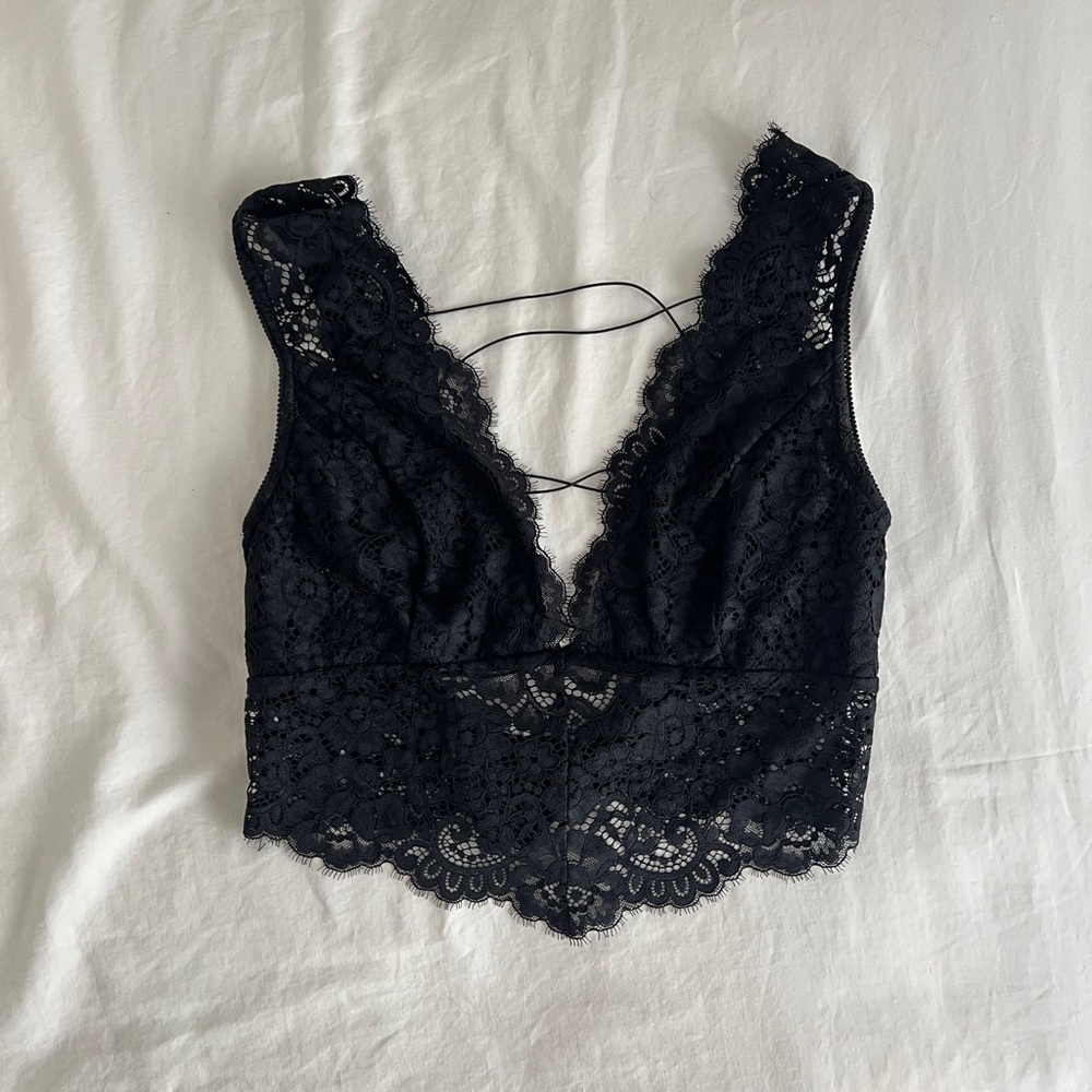 Free People Black Lace Bralette with Plunging Neckline and Crisscross Straps
